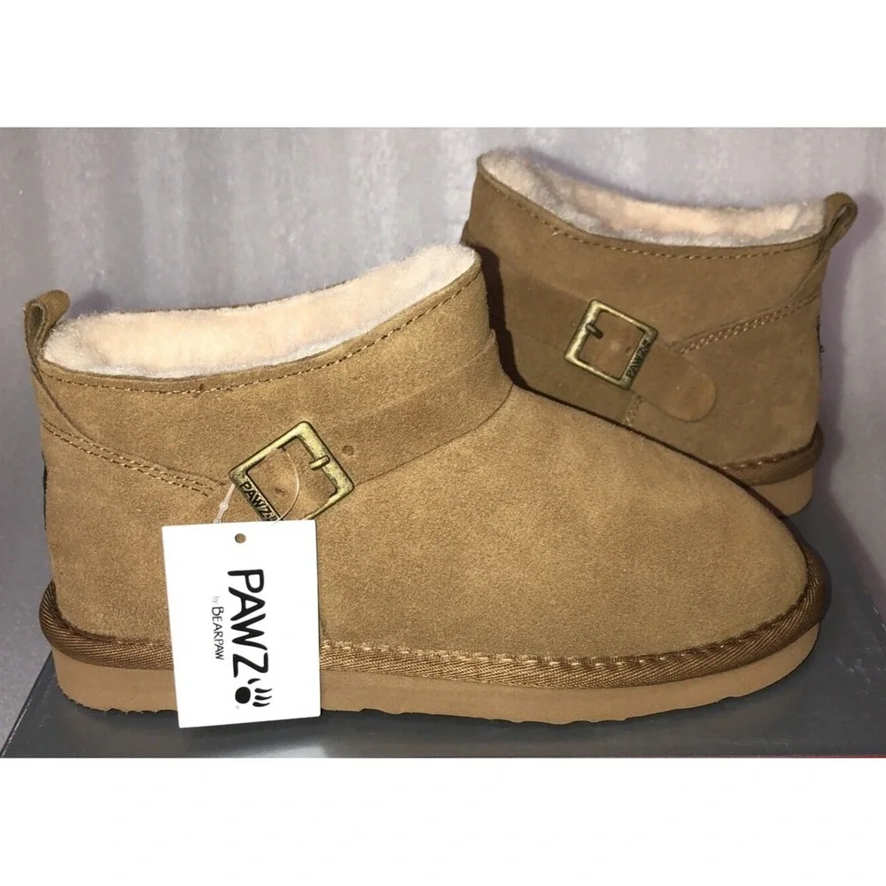 Pawz Bearpaw Amy Ankle Boots Youth Girls Size 10 Brown Genuine Suede Wool Lining